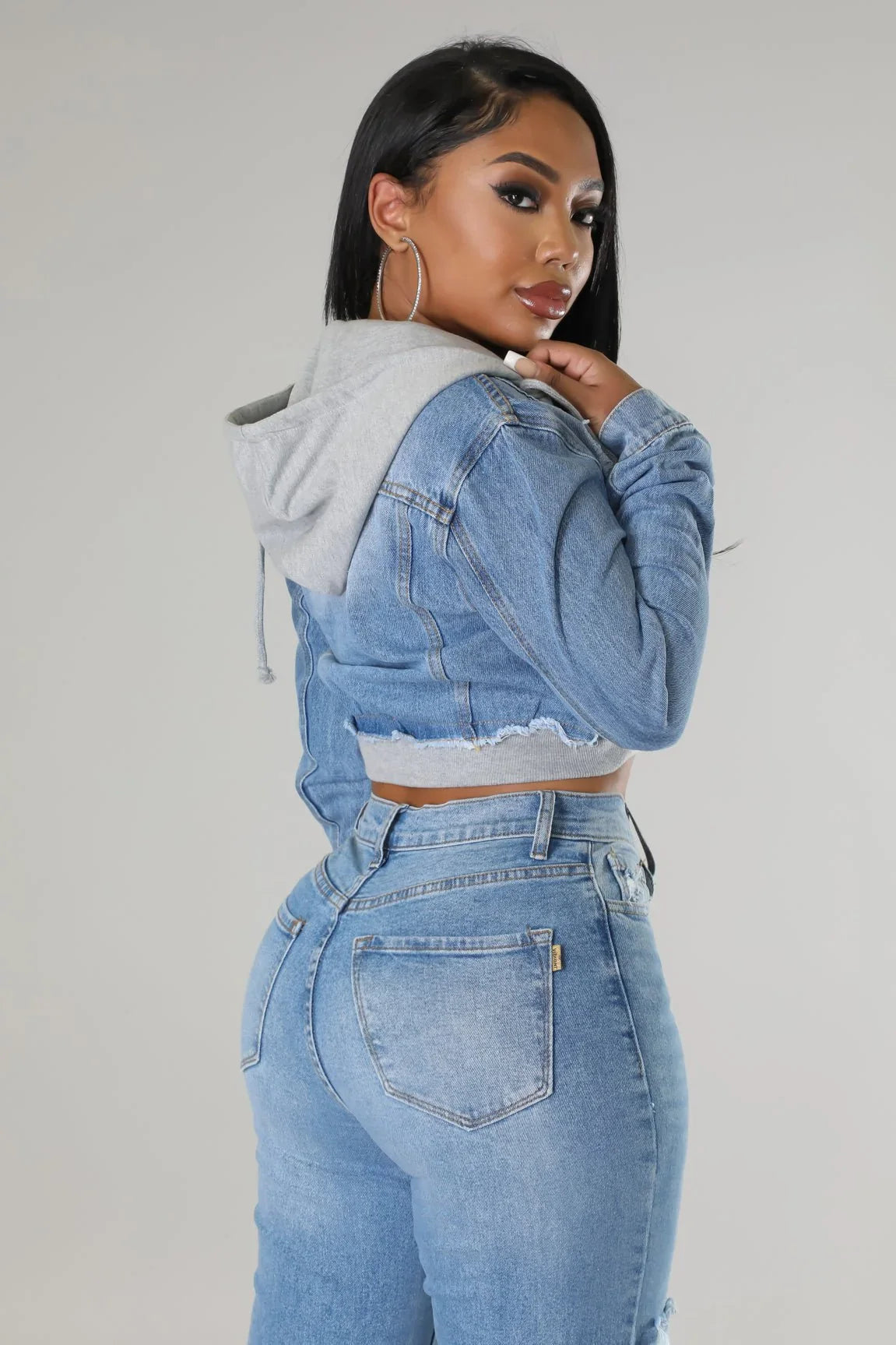 2 of a Kind Denim Jacket with Hoodie and Distressed Details