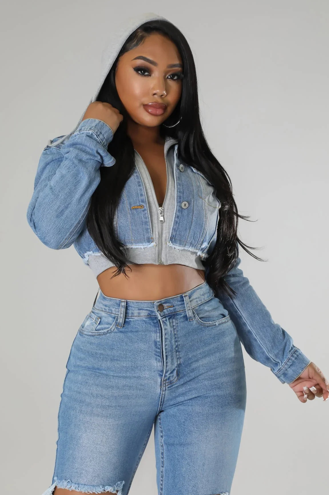 2 of a Kind Denim Jacket with Hoodie and Distressed Details