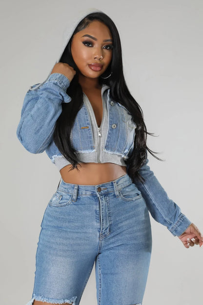 2 of a Kind Denim Jacket with Hoodie and Distressed Details