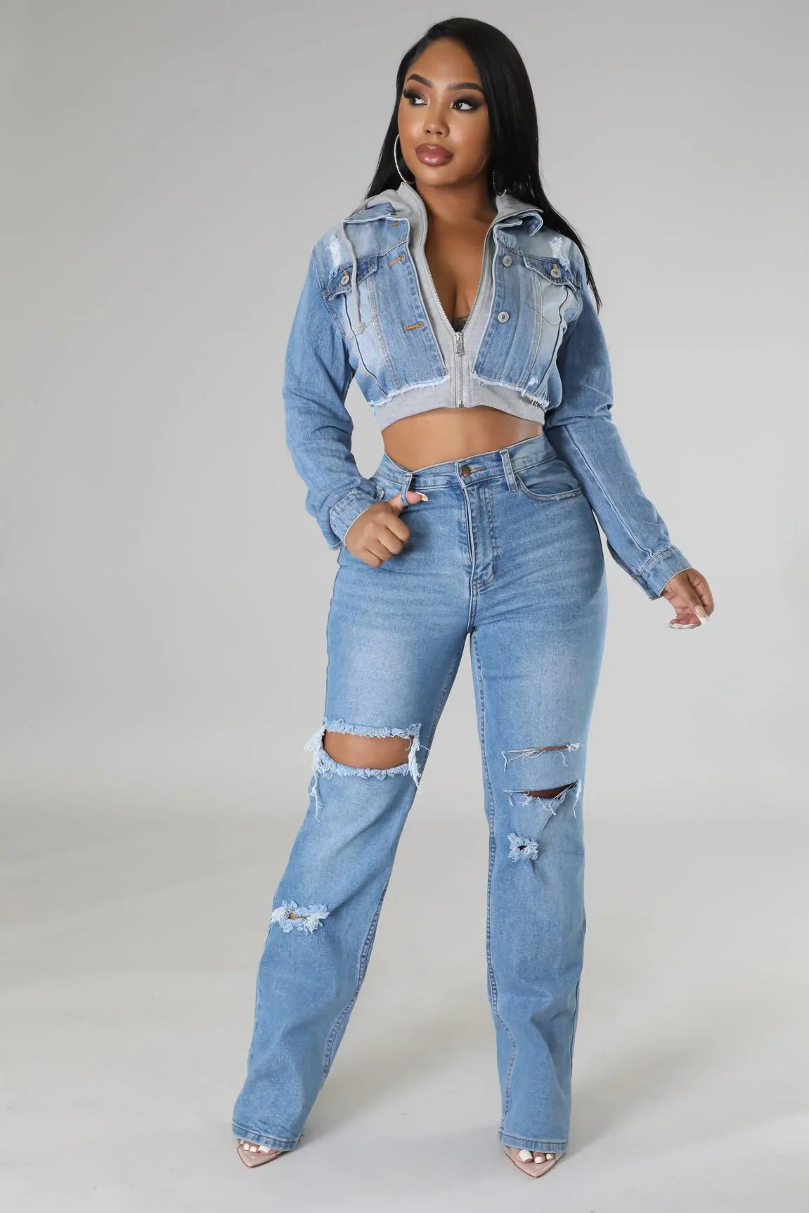 2 of a Kind Denim Jacket with Hoodie and Distressed Details