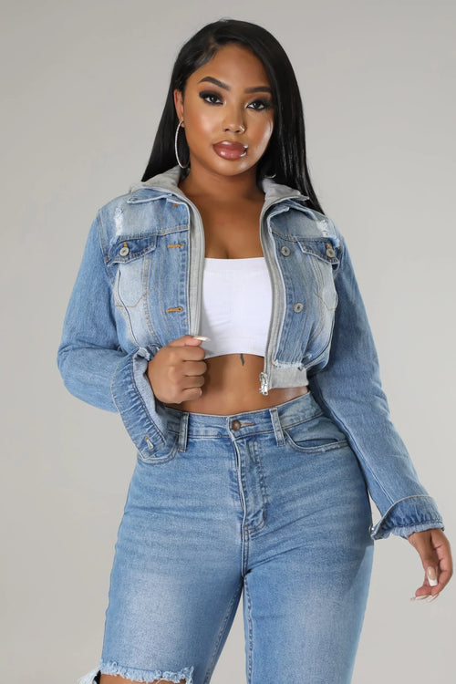 2 of a Kind Denim Jacket with Hoodie and Distressed Details