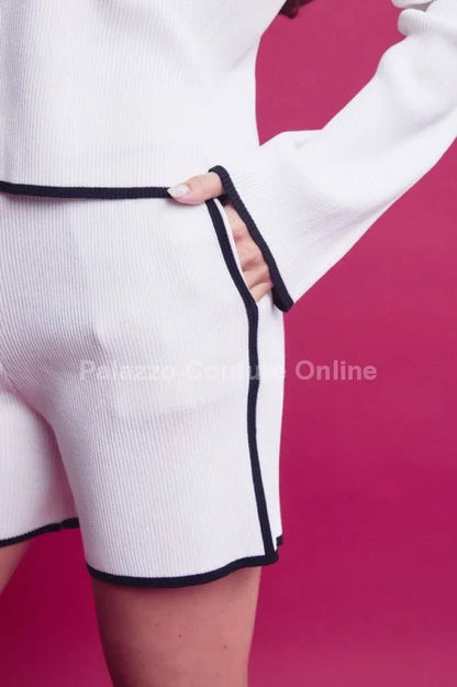 Knit long sleeve V-Neck Top and Shorts Set (White)