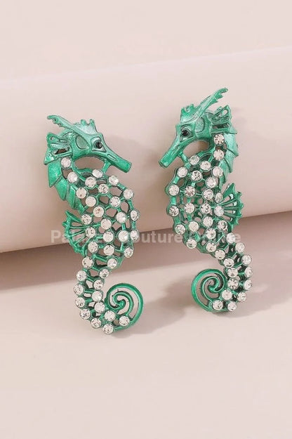 Large Seahorse Earrings Full Rhinestone Drop  (Green)