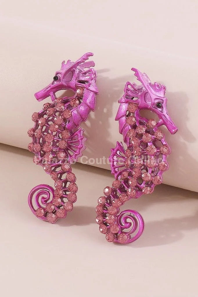 Large Seahorse Earrings Full Rhinestone Drop (Fuchsia)