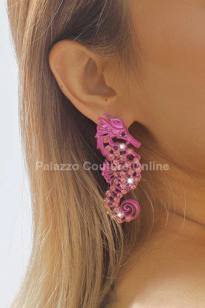 Large Seahorse Earrings Full Rhinestone Drop (Fuchsia)