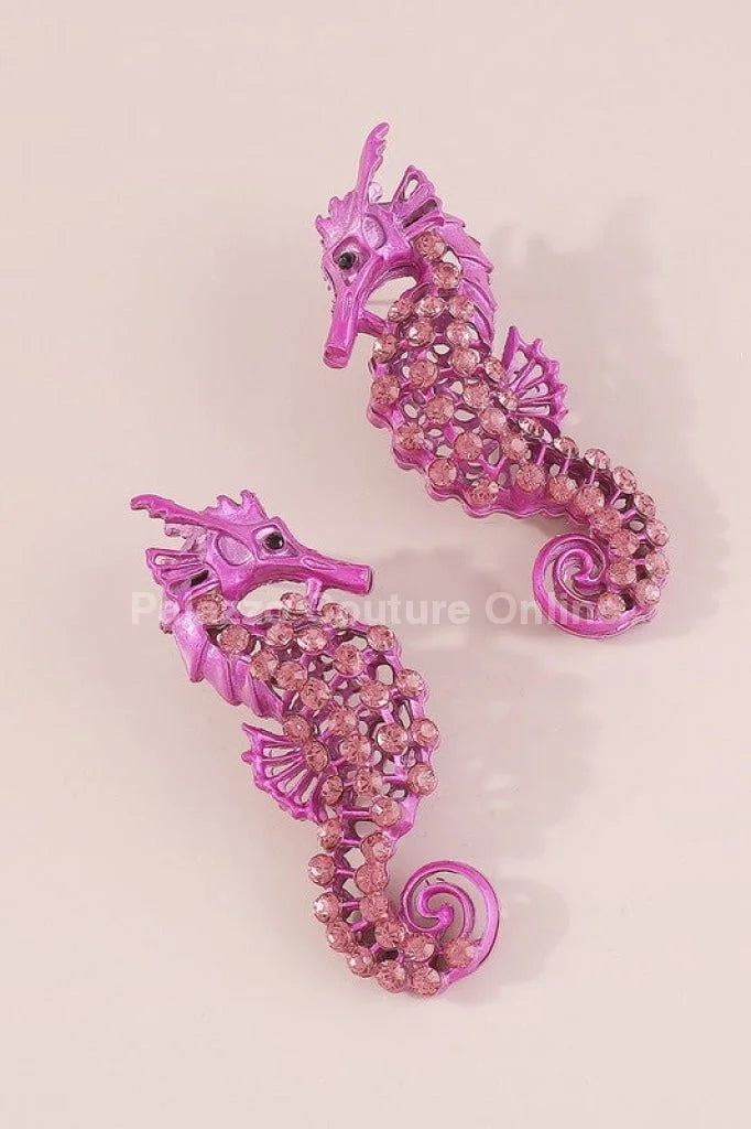 Large Seahorse Earrings Full Rhinestone Drop (Fuchsia)