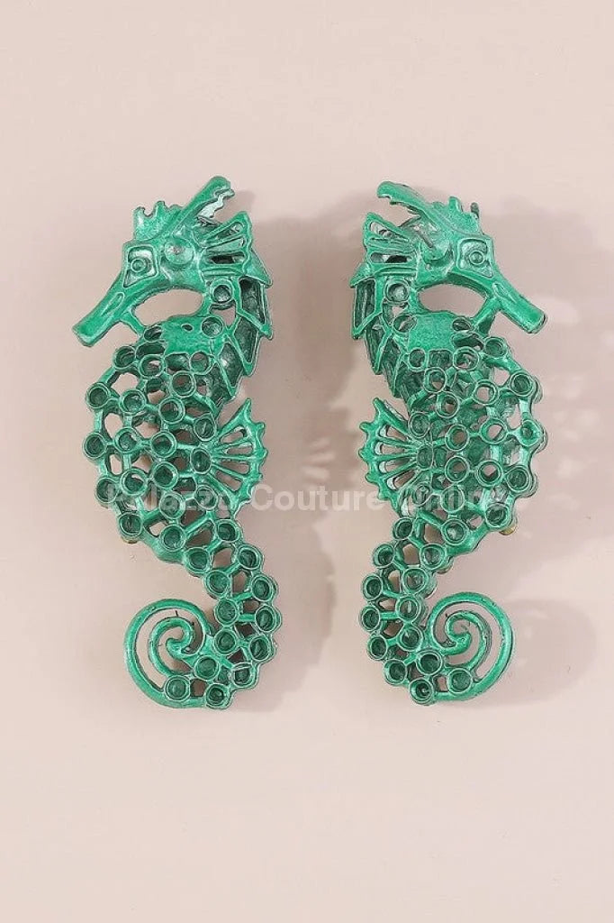 Large Seahorse Earrings Full Rhinestone Drop  (Green)