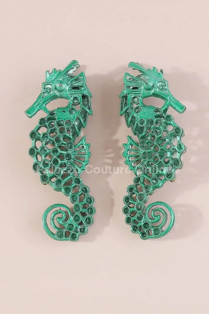 Large Seahorse Earrings Full Rhinestone Drop  (Green)
