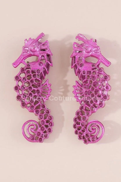 Large Seahorse Earrings Full Rhinestone Drop (Fuchsia)