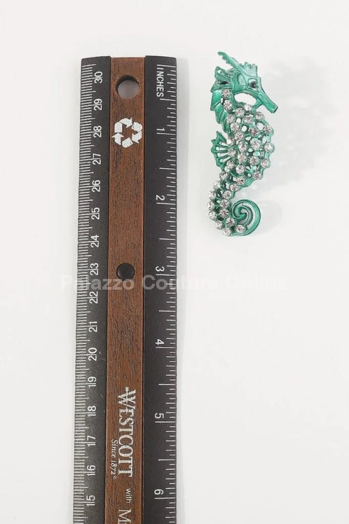 Large Seahorse Earrings Full Rhinestone Drop  (Green)