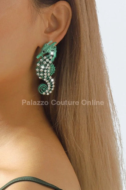 Large Seahorse Earrings Full Rhinestone Drop  (Green)