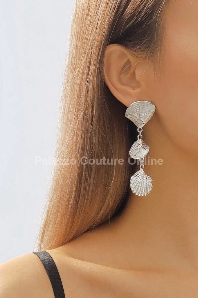 Layered Metal Seashell Drop Earrings (Silver)