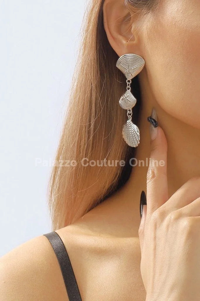 Layered Metal Seashell Drop Earrings (Silver)
