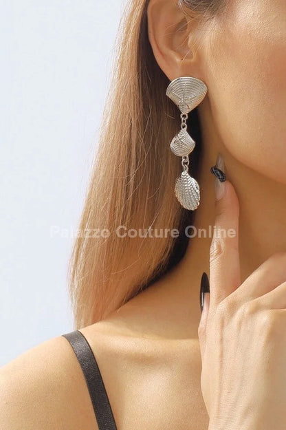 Layered Metal Seashell Drop Earrings (Silver)