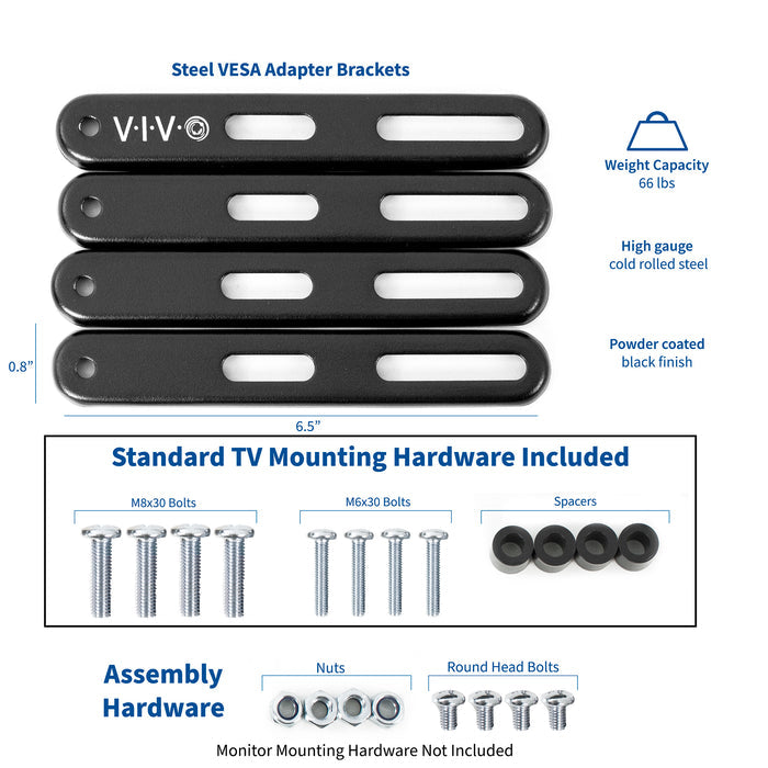 Steel VESA adapter brackets with assembly hardware on a white background