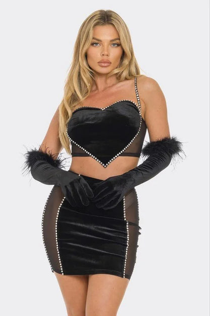 Linda 2 PCS Top Rhinestone Skirt Set