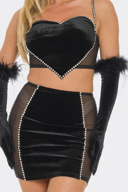 Linda 2 PCS Top Rhinestone Skirt Set