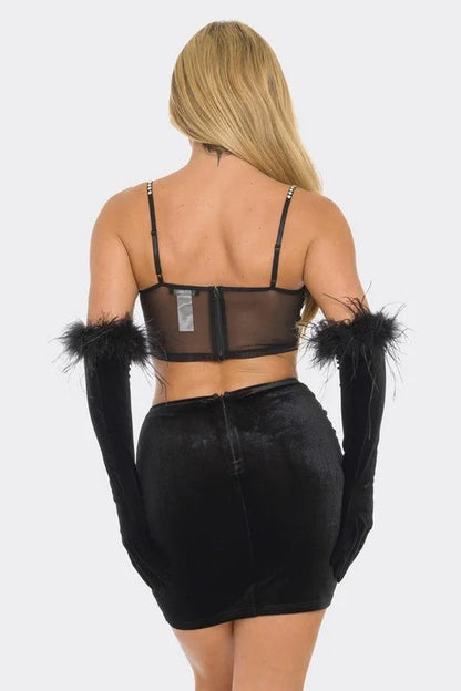 Linda 2 PCS Top Rhinestone Skirt Set