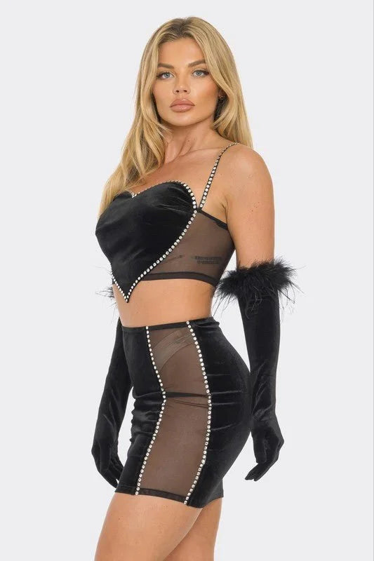 Linda 2 PCS Top Rhinestone Skirt Set