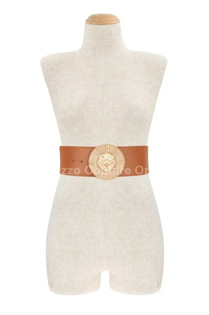 Lion Accent with Rhinestone Buckle Elastic Belt