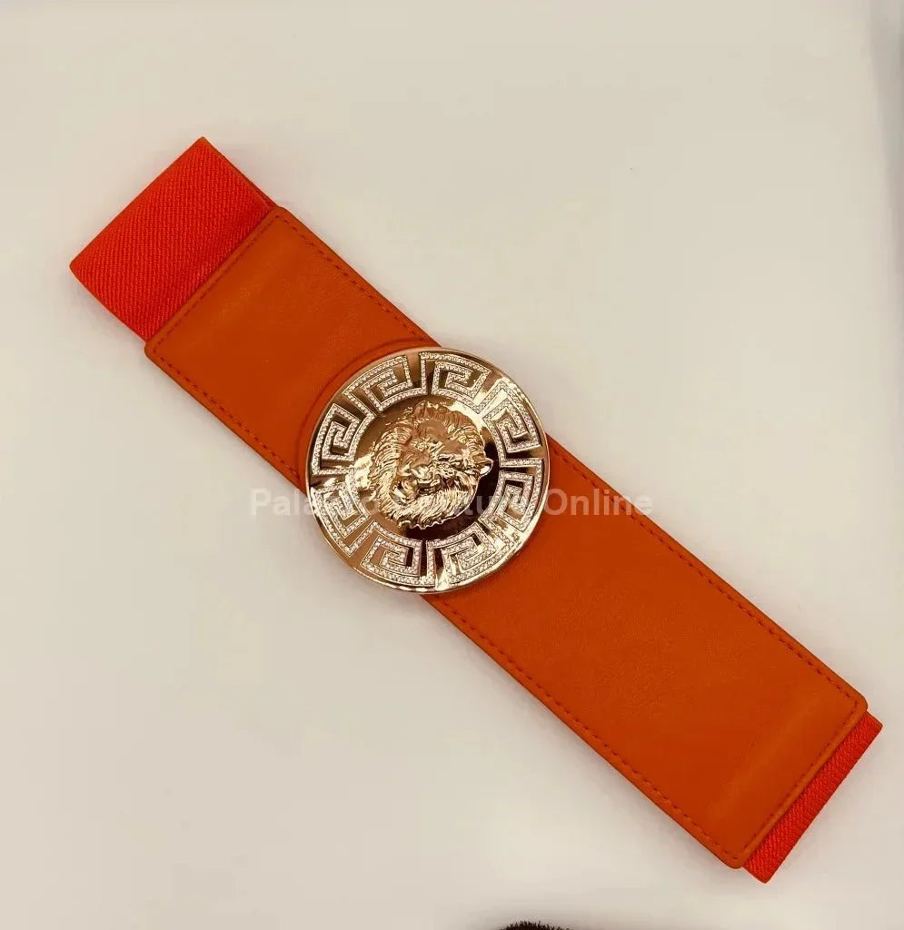 Lion Accent with Rhinestone Buckle Elastic Belt