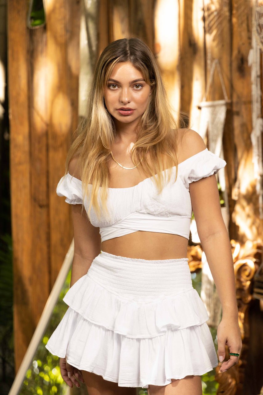 Lola White Crop Top with Soft Ruffle Sleeves