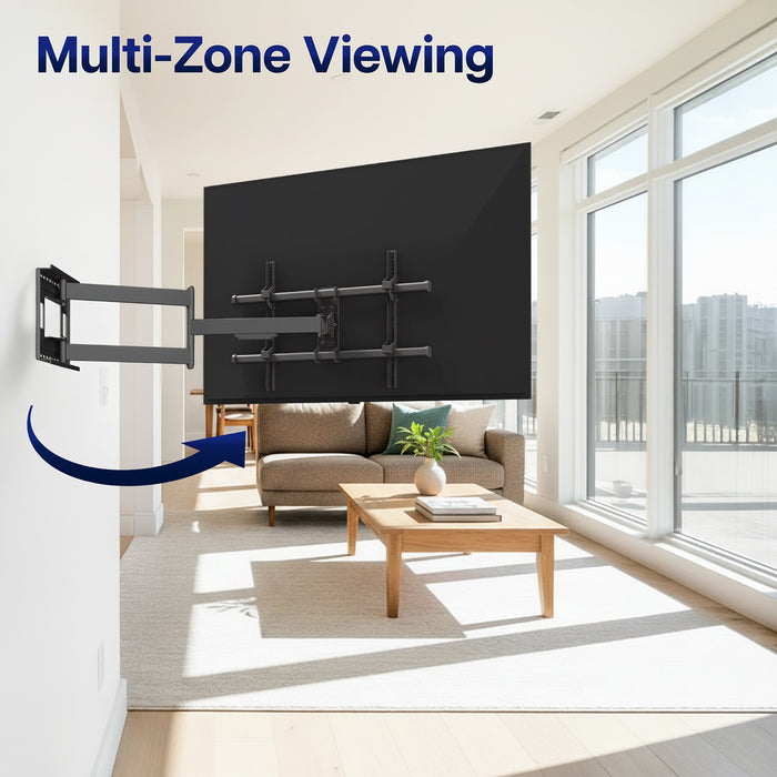 Living room with a TV mounted on the wall, featuring 'Multi-Zone Viewing' text.