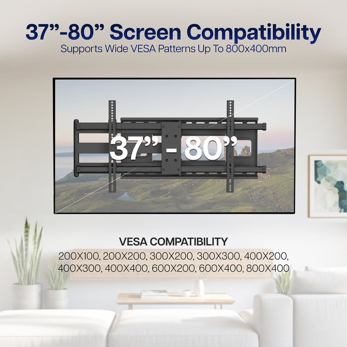 TV wall mount with compatibility information displayed in a living room setting
