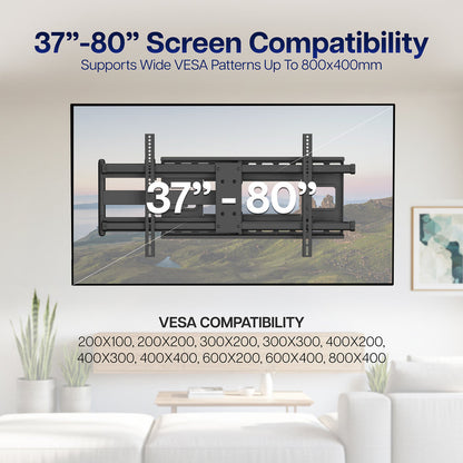 TV wall mount with compatibility information displayed in a living room setting