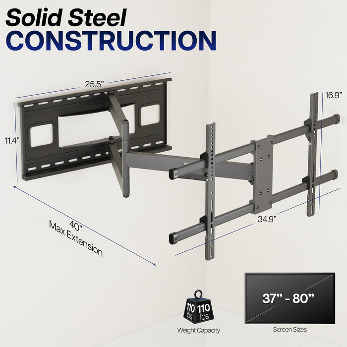 TV wall mount with dimensions and weight capacity on a white background