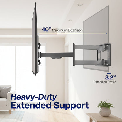 Heavy-duty TV wall mount with extension details in a living room setting