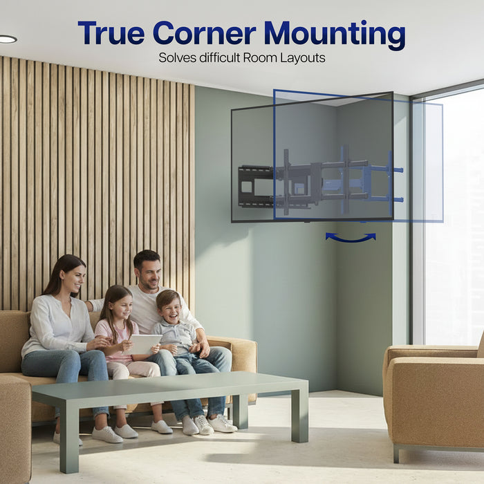 Family sitting on a couch in a living room with a TV mounted on the wall, emphasizing 'True Corner Mounting'.