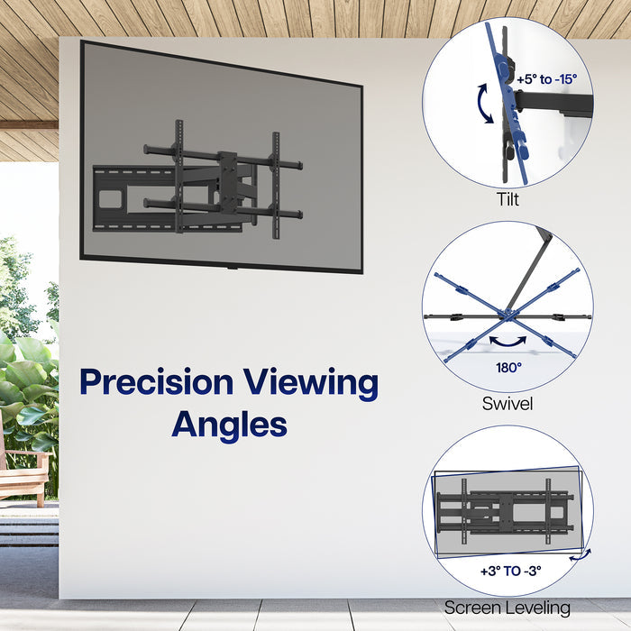 TV mount with precision viewing angles illustration on a white wall.
