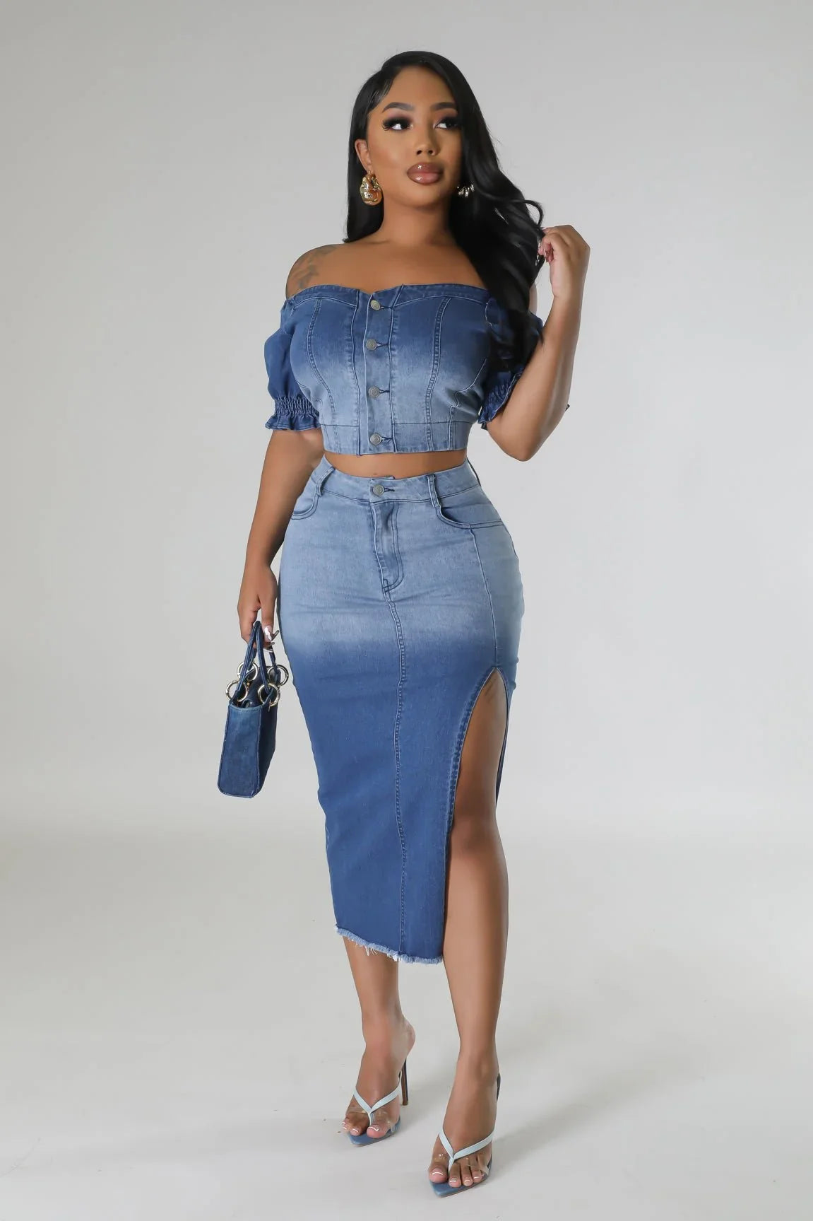 Lorena Baby Blue Skirt Set with V-Neck Top