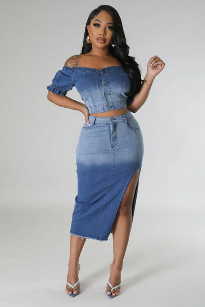 Lorena Baby Blue Skirt Set with V-Neck Top