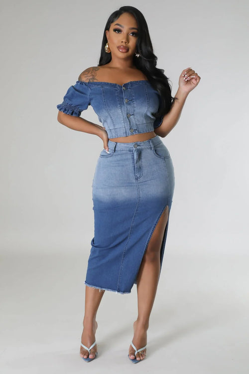 Lorena Baby Blue Skirt Set with V-Neck Top