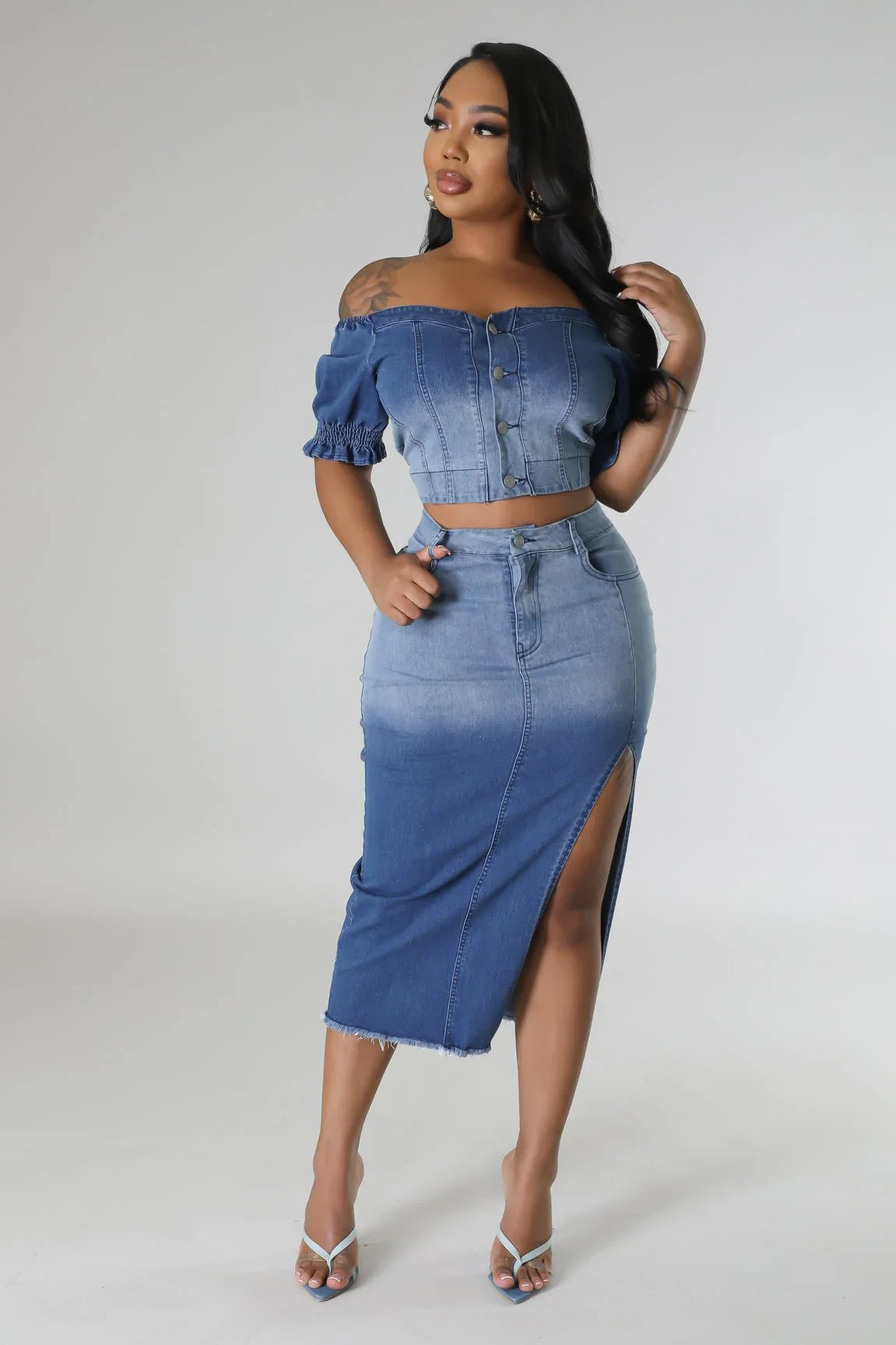 Lorena Baby Blue Skirt Set with V-Neck Top