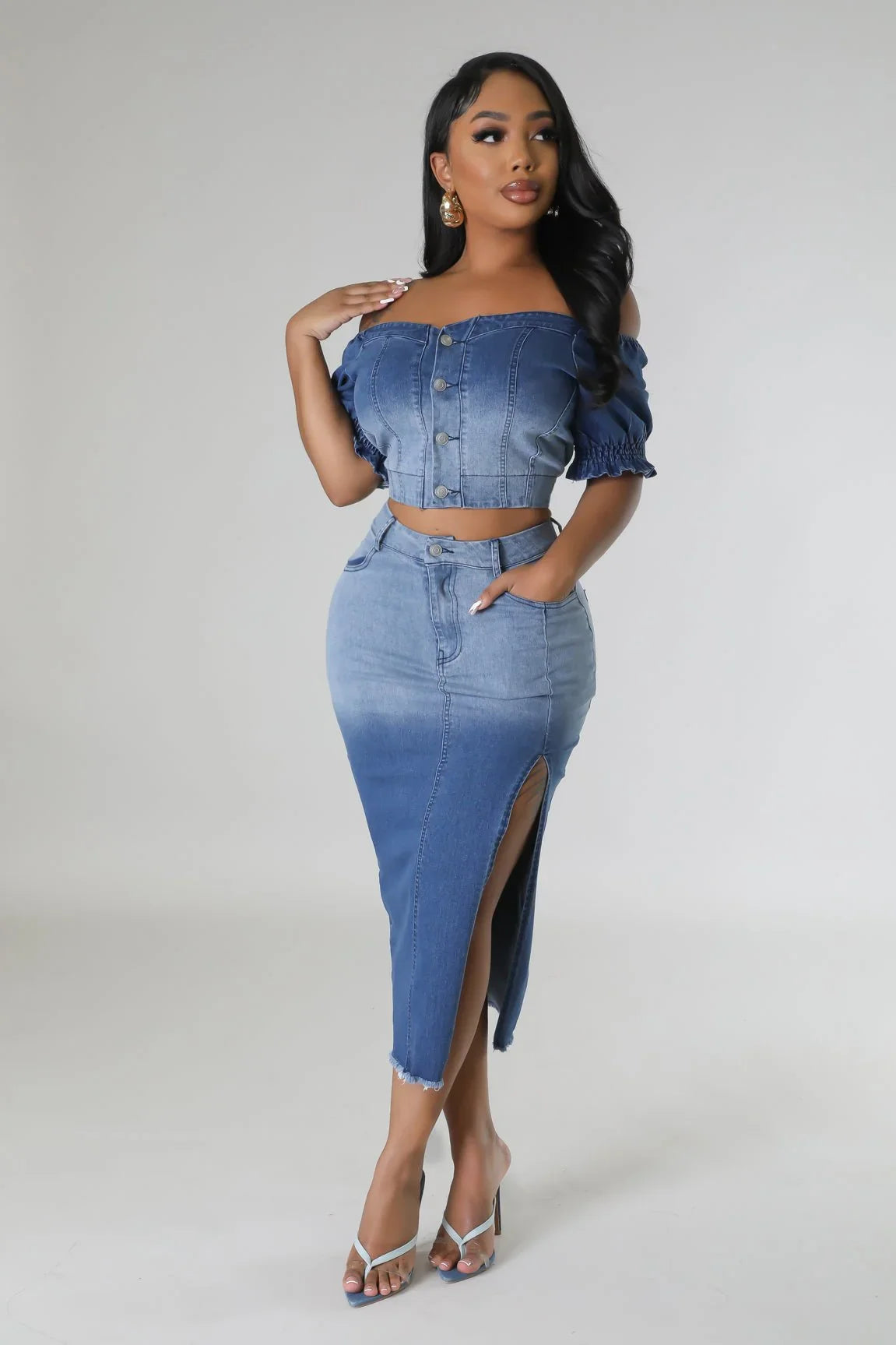 Lorena Baby Blue Skirt Set with V-Neck Top