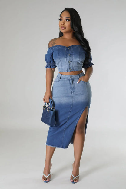 Lorena Baby Blue Skirt Set with V-Neck Top