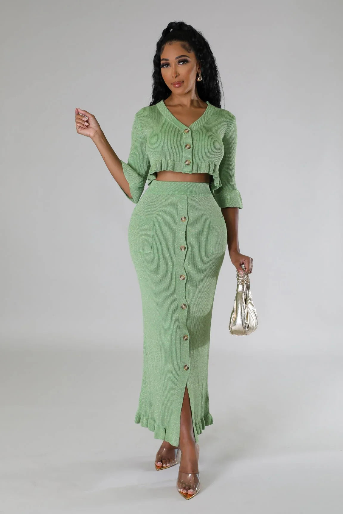 Lorena Baby Green Skirt Set with V-Neck Top