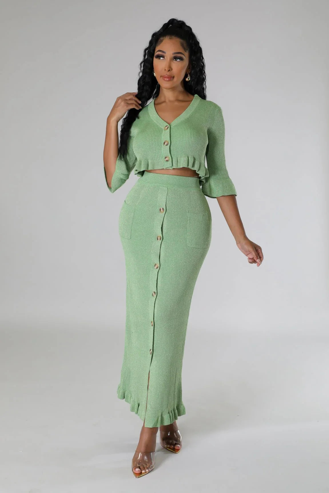 Lorena Baby Green Skirt Set with V-Neck Top