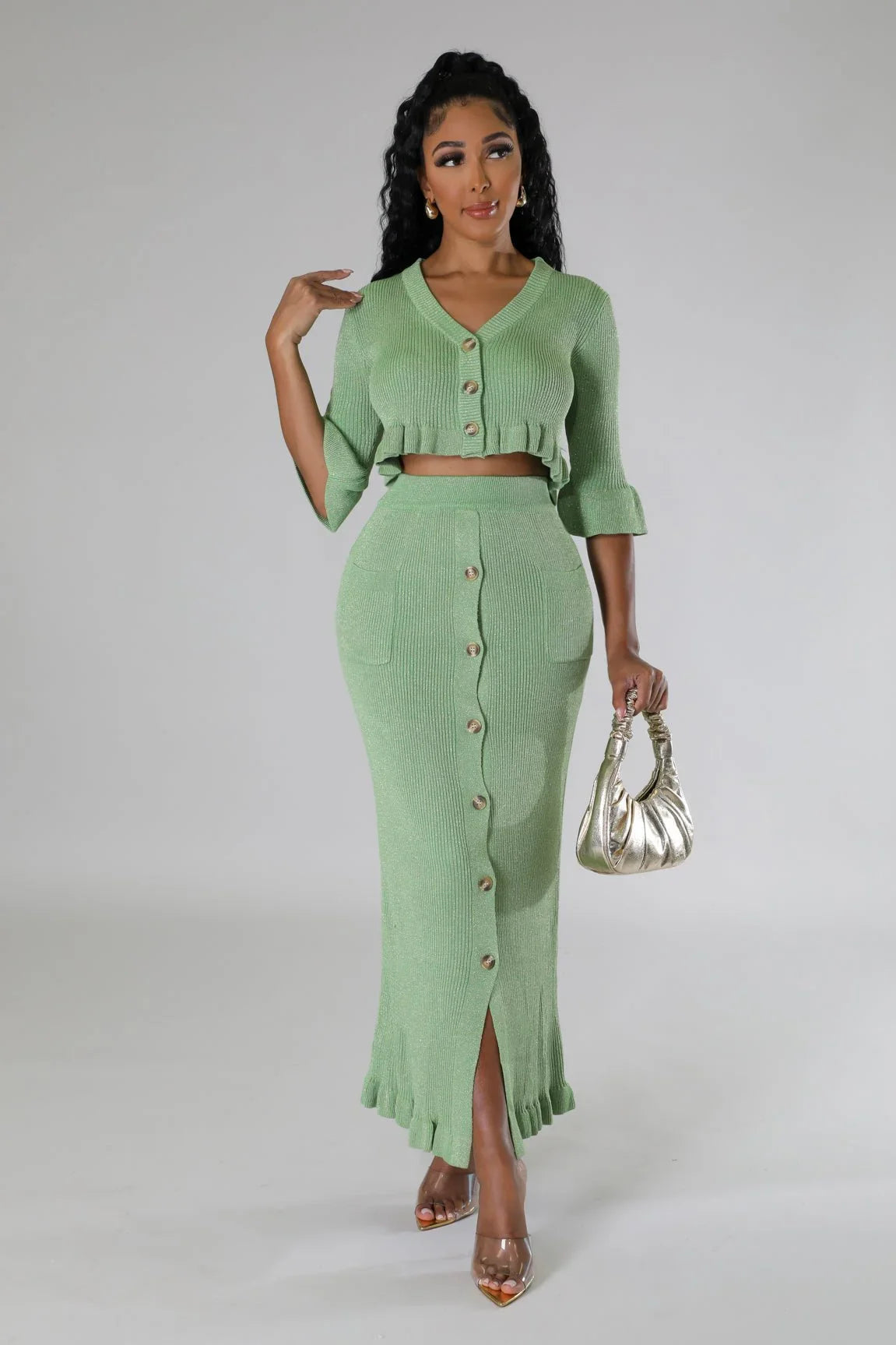 Lorena Baby Green Skirt Set with V-Neck Top