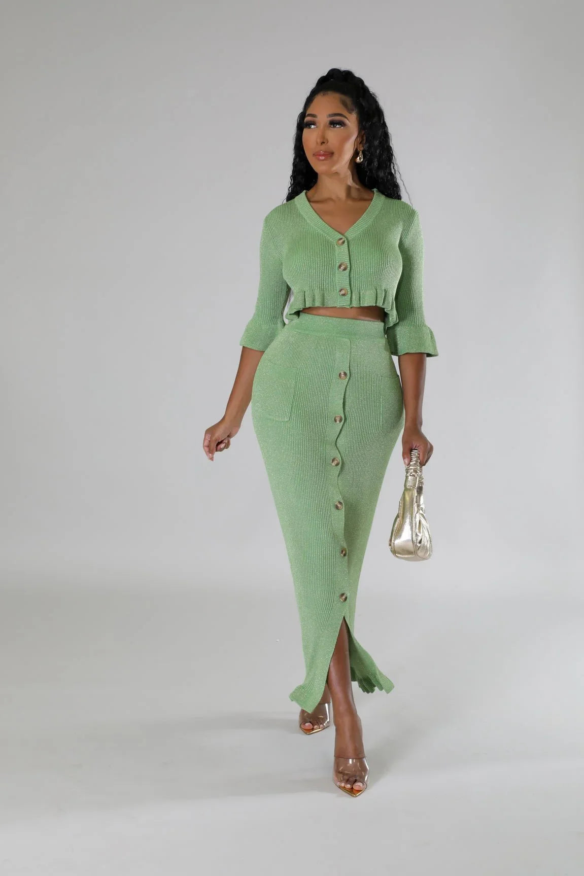 Lorena Baby Green Skirt Set with V-Neck Top
