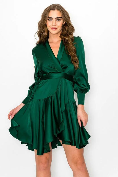 Love Story Satin Wrap Mini Dress - Green