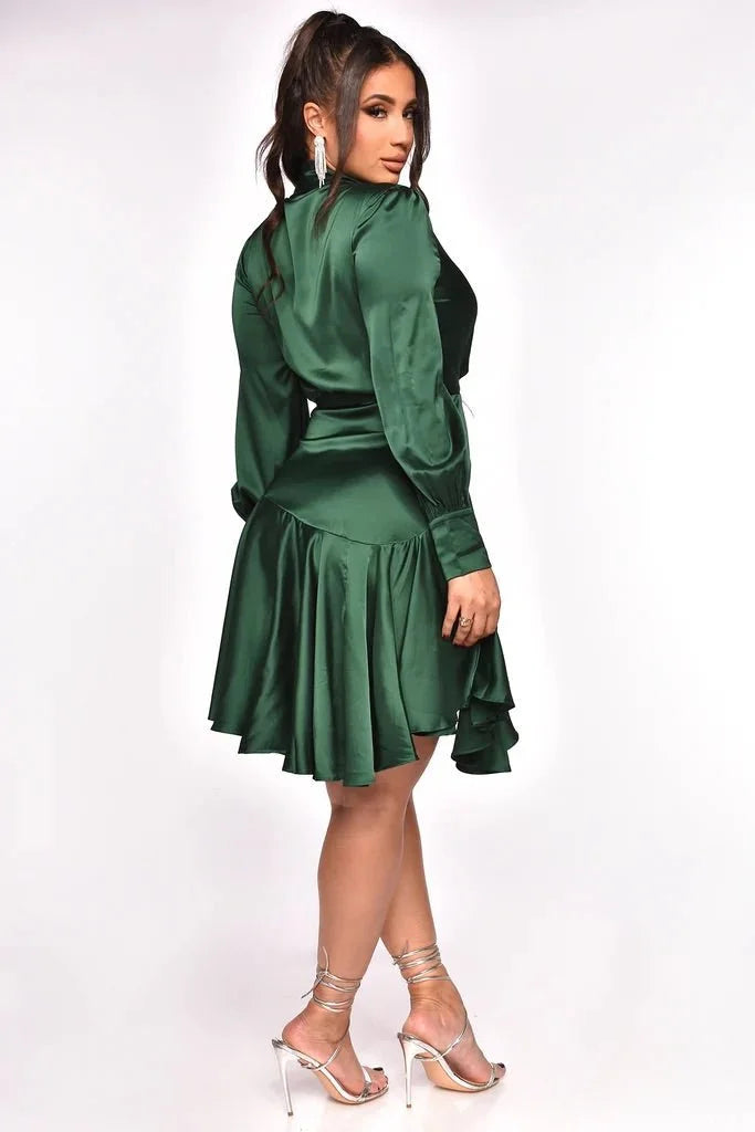 Love Story Satin Wrap Mini Dress - Green