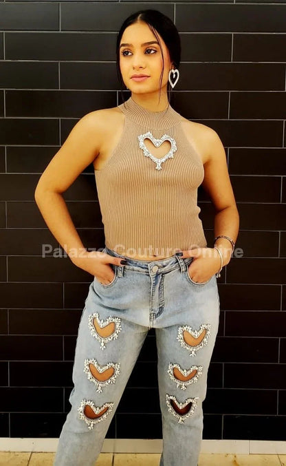 Lovely Heart Cutout Top – Beige Knit Turtleneck