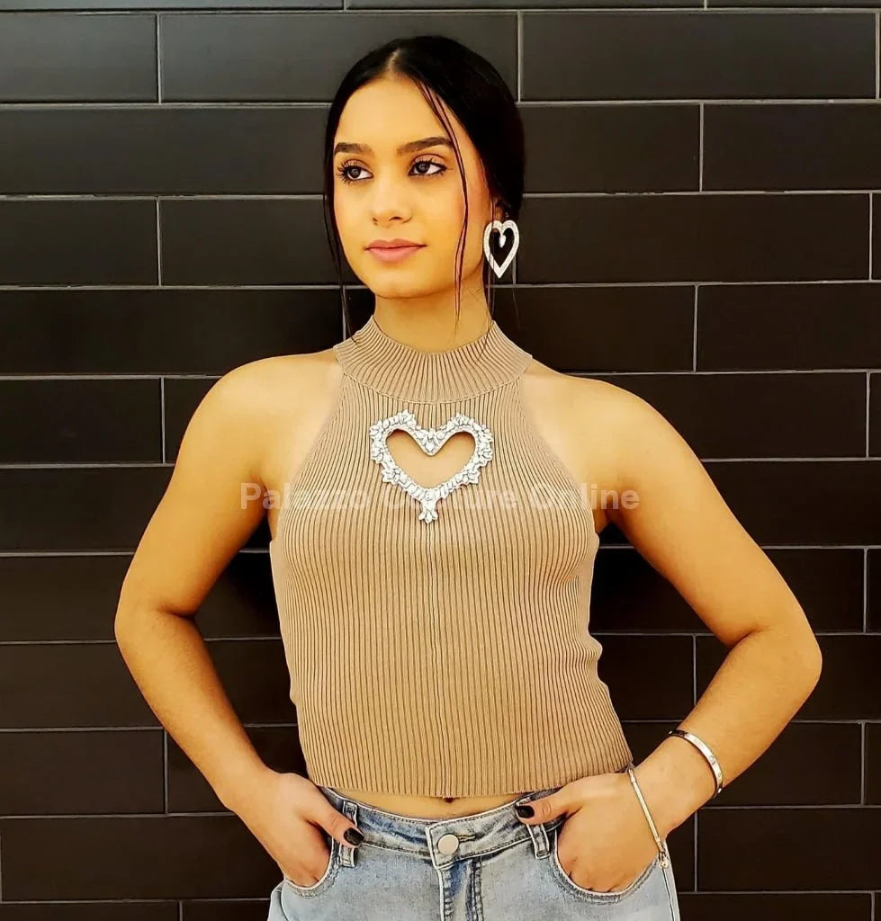 Lovely Heart Cutout Top – Beige Knit Turtleneck