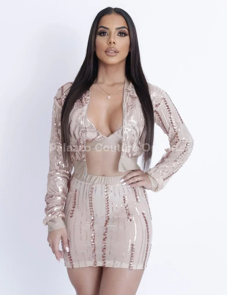 Lovely Night Nude Skirt Set with Sequin Detail