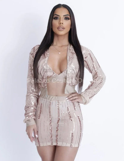 Lovely Night Nude Skirt Set with Sequin Detail
