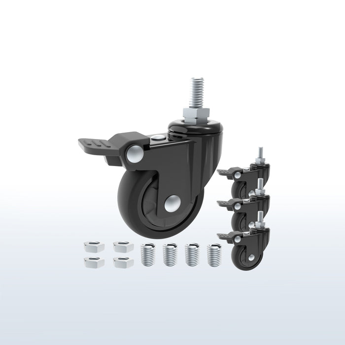Black caster wheel with silver metal mounting hardware, shown alongside three additional wheel units and four hex nuts on a light gray gradient background.